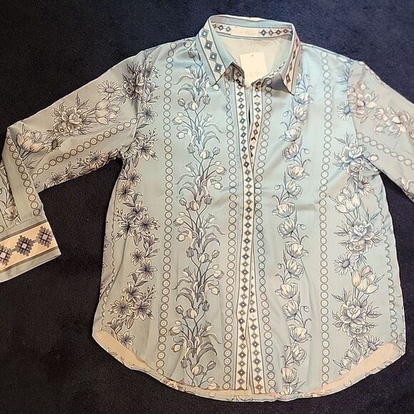 NWT Endless Moon Blue Floral Silky Button Down Shirt. Sz Med - Picture 7 of 11